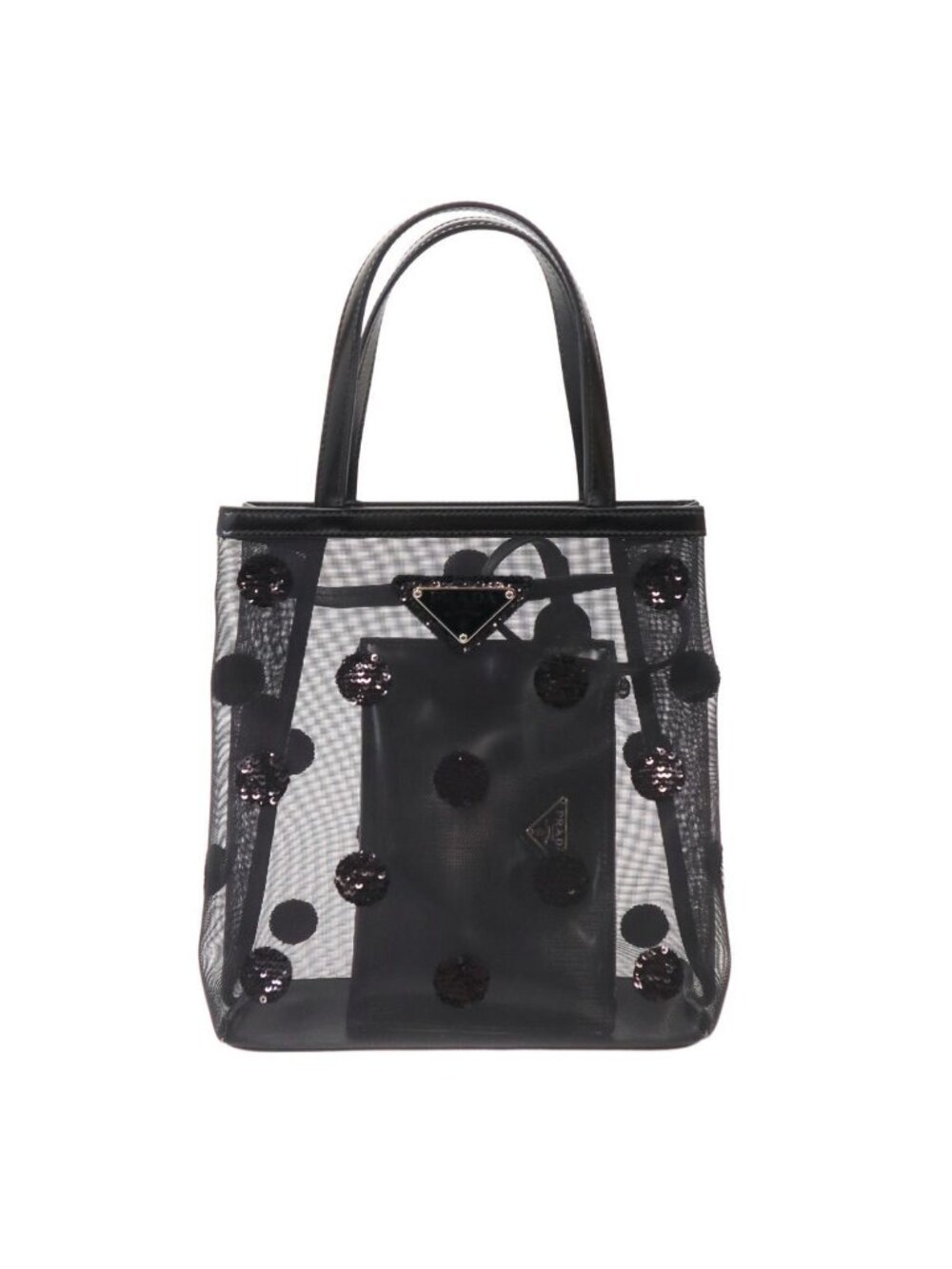 Prada Rete Ricamo Poi Sequin Dot Mesh Tote Bag Black